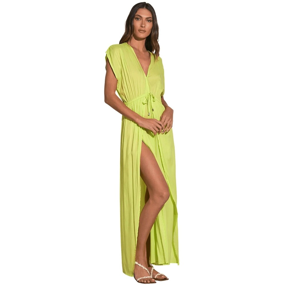 Elan womens Lime V Neck Deep Double Slit Long Maxi Cover Up Dress size Small